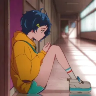 😶 430e13b7 anime girl, school, student, sitting, blue hair, yellow hoodie, socks, sneakers telegram sticker