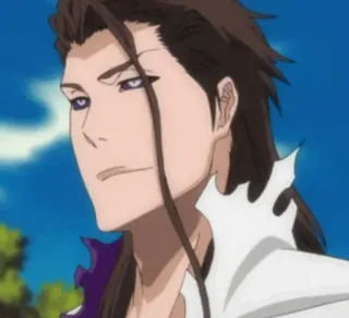 😌 b7e9eee7 Aizen Sosuke Bleach Anime, Bösewicht, Grinsen, lange Haare, lila Augen telegram sticker