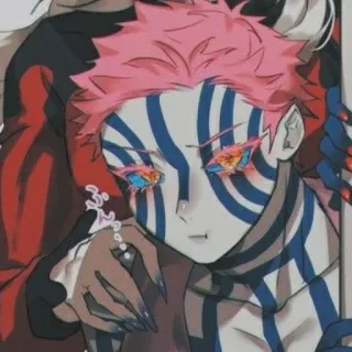 ❄️ df18333f Akaza Demon Slayer Anime, Demonio, Akaza, Demon Slayer, pelo rosa, rayas azules whatsapp sticker