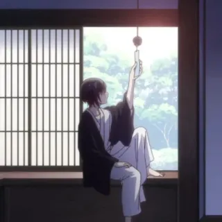 🕸 7acf3809 动漫, 坐着, 窗户, 风铃, 室内, 放松 telegram sticker