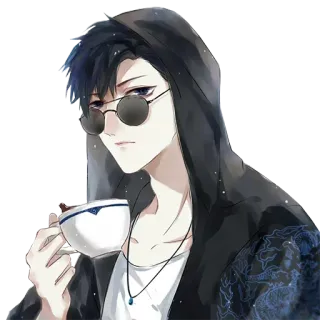 😎 6c570f25 动漫, 男人, 帽衫, 太阳镜, 茶, 杯子, 时尚 telegram sticker