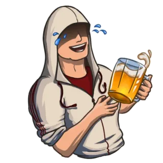 😂 5ae43668 男人, 笑, 啤酒, 帽衫, 酒精 telegram sticker