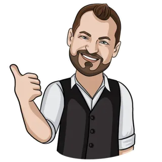 😁 26cf01ff hombre, dibujo animado, pulgar arriba, chaleco, ilustración, retrato telegram sticker