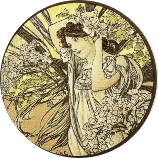 🌺 078a9a74 อาร์ตนูโว, วินเทจ, ผู้หญิง, ลายดอกไม้, มูคา, งานศิลปะ telegram sticker