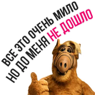 👀 5befb10b Alf ALF ВСЕ ЭТО ОЧЕНЬ МИЛО НО ДО МЕНЯ НЕ ДОШЛО Alf, serie de TV, alien, pulgar arriba, lindo, gracioso, dibujos animados telegram sticker