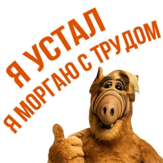 😪 dbf1a6dd Alf Я УСТАЛ Я МОРГАЮ С ТРУДОМ Alf, alien, cansado, ruso, estoy cansado, me cuesta parpadear telegram sticker