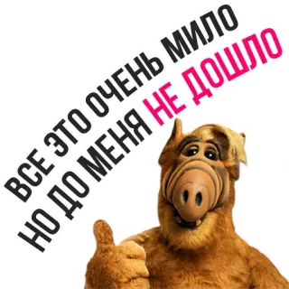 👀 23a0e585 ALF ВСЕ ЭТО ОЧЕНЬ МИЛО, НО ДО МЕНЯ НЕ ДОШЛО Альф, Инопланетянин, Большой палец вверх, Русский, Сериал, Персонаж, Наклейка whatsapp sticker