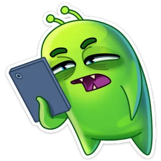 🤨 00db29d2 alieno, cartone animato, cellulare, telefono, assonnato, verde, annoiato, divertente telegram sticker