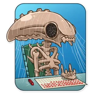 ☠ 12021a56 skelet, dood, kantoor, schrijven, schedel, spinnenweb, botten, raster telegram sticker