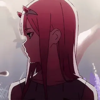 🚀 8a09a42b Zero Two Darling in the Franxx Anime, Zero Two, Darling in the Franxx, cheveux roses, cornes, Waifu telegram sticker