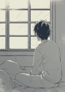 😪 28bbc6b5 anime, boy, window, sitting, thoughtful, rainy, day, alone whatsapp sticker