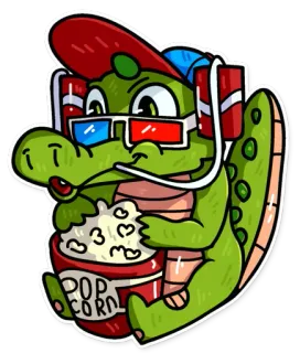 🎟 32c8c35f POP CORN aligator, kreskówka, popcorn, film, okulary 3D, czerwony, kapelusz, słuchawki telegram sticker