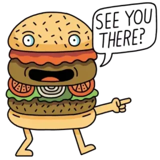 ✳️ 35add8f7 SEE YOU THERE? hamburger, cibo, cartone animato, a presto, personaggio whatsapp sticker