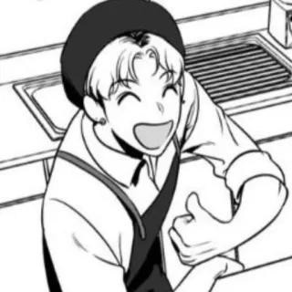 😄 617a05d5 pollice in su, sorridente, basco, scala di grigi, persona, grembiule telegram sticker