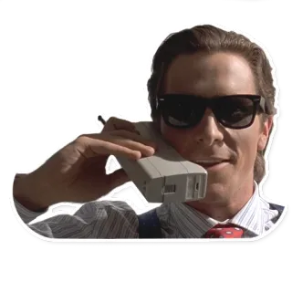 📞 1e5e7f6b Patrick Bateman American Psycho Patrick Bateman, American Psycho, 80-an, Yuppie, Kacamata hitam, Telepon, Retro whatsapp sticker