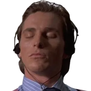 😑 79047d9b Patrick Bateman American Psycho Patrick Bateman, American Psycho, Christian Bale, 80s, finance bro, headphones telegram sticker