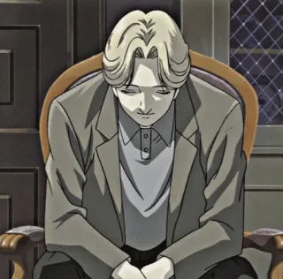 🌑 9058bf93 Johan Liebert Monster Anime, Potwór, Johan Liebert, Siedzący, Myślący whatsapp sticker