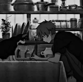 🦉 6e05a81e Аниме, Парень, Кот, Кухня, Рисунок, Монохром, Домашнее животное telegram sticker