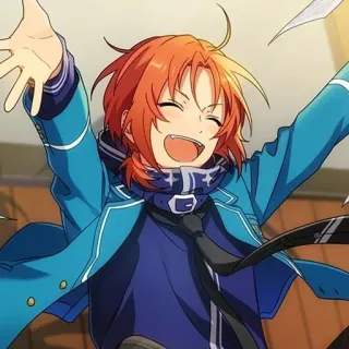 🎼 315bfa34 アニメ, オレンジ髪, マフラー, 青いジャケット, 笑顔 telegram sticker