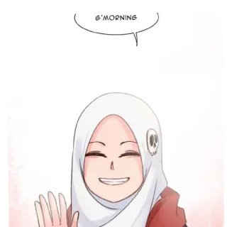 😄 8d80a115 G'MORNING greeting, cartoon, anime, hijab, woman, smile, wave telegram sticker