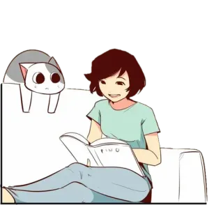 😸 1104a1a8 PINO gatto, leggere, libro, donna, divano, cartone animato telegram sticker