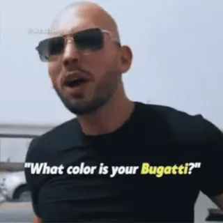 🌟 a50ec44f Andrew Tate What color is your Bugatti? andrew tate, bugatti, xe hơi, kính râm, sang trọng telegram sticker