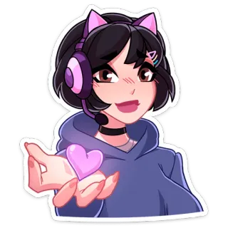 💜 12a08702 stiker, gadis, anime, telinga kucing, hati, lucu, headphone telegram sticker