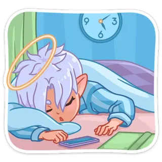 😴 01d87a84 dormire, angelo, cartone animato, letto, stanco, assonnato, aureola telegram sticker