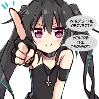 🚫 5b80232a WHO'S THE PERVERT?
YOU'RE THE PERVERT! Anime meisje, Perverseling, Onhoflijk, Beledigend, Wijsvinger, Cartoon, Personage telegram sticker