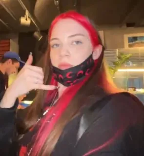 😎 54ae24aa woman, red hair, mask, call me gesture, indoors, selfie telegram sticker