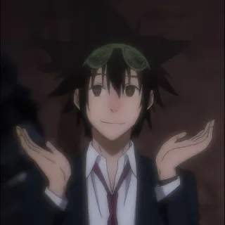 🤷‍♂ 9f8529d7 anime, wzruszenie ramionami, postać, kreskówka, gogle, uśmiech telegram sticker