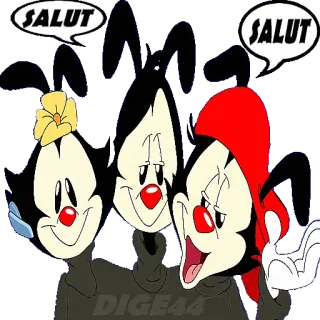 👋 7e67339e Yakko Warner, Wakko Warner, Dot Warner Animaniacs SALUT SALUT 卡通, 华纳动画天地, 华纳兄弟, 动画, 问候, 法语 telegram sticker