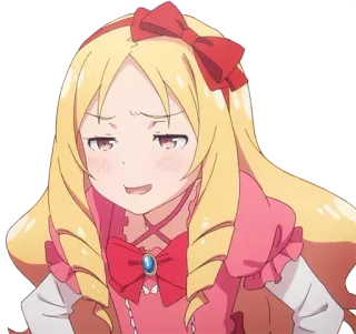 😐 ec67a3d0 anime, capelli biondi, fiocco rosso, vestito rosa, soddisfatto, espressione, cartone animato, carino whatsapp sticker