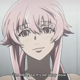 🤩 eb1e03fb I'm here, so it's all okay now. anime, rambut pink, perempuan, senyum telegram sticker