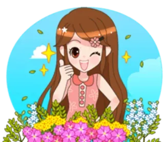 🤝 493e2ae3 การ์ตูน, ผู้หญิง, ดอกไม้, ยกนิ้วให้ whatsapp sticker