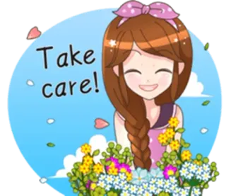 😺 5a2058a5 Take care! ดูแลตัวเอง, การ์ตูน, ผู้หญิง, ดอกไม้, น่ารัก whatsapp sticker