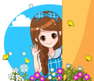 😮 fa45610f การ์ตูน, เด็กผู้หญิง, ผีเสื้อ, ดอกไม้, โบกมือ whatsapp sticker