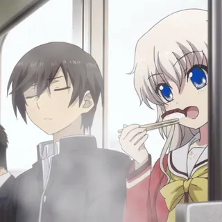 😋 0a8991ef anime, characters, food, eating, chopsticks, school uniform, teenagers, friendship telegram sticker