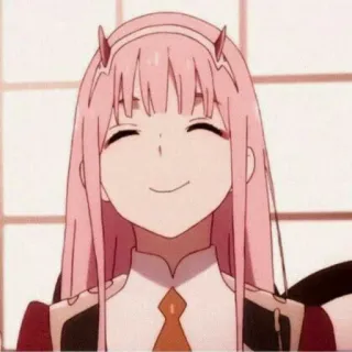 ☺ bc5b6e3a Zero Two Darling in the Franxx Anime, Zero Two, Darling in the Franxx, imut, senyum, rambut merah muda, tanduk telegram sticker