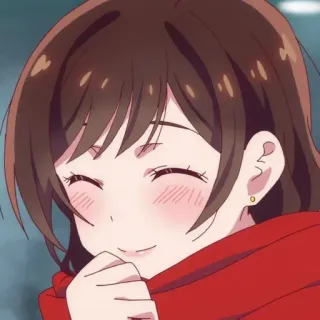 ❤️ 0a4b7737 fille anime, souriante, brune, écharpe rouge, boucle d'oreille, mignon, dessin animé, joyeux telegram sticker