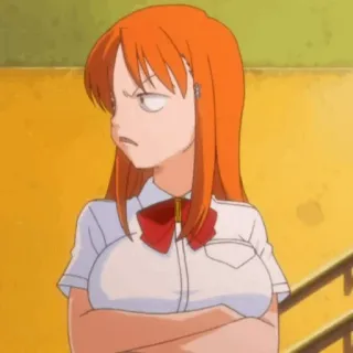 🍁 16374e48 Orihime Inoue Bleach Anime, Manga, rambut oranye, seragam sekolah, bersidekap, Tsundere whatsapp sticker