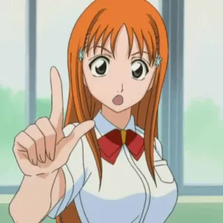🍁 6a7b2fb6 Orihime Inoue Bleach Anime, Gadis, Karakter, Seragam sekolah, Rambut oranye, Jari whatsapp sticker