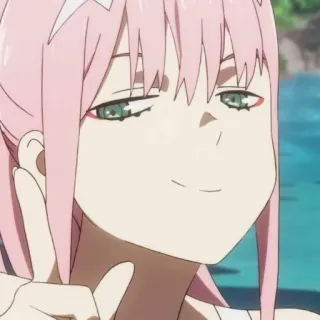 ✨ d18d3925 Zero Two Darling in the Franxx anime, gái, Zero Two, Darling in the Franxx, dấu hòa bình, tự mãn, tóc hồng telegram sticker
