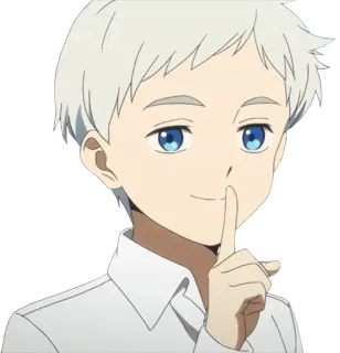 🤫 45769fb4 Norman The Promised Neverland anime, boy, character, smile, finger to lips, shh telegram sticker