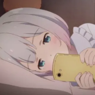 🥡 129f6ee5 anime girl, lying down, phone, cute, white hair, cartoon telegram sticker