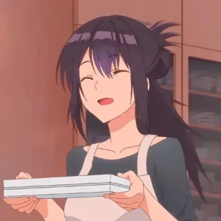 😄 da79bd10 anime girl, smiling, apron, indoors, cartoon character telegram sticker