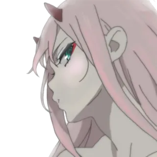 😤 712f285a Zero Two Darling in the Franxx 제로투, 달링 인 더 프랑키스, 애니메이션, 캐릭터, 분홍 머리, 뿔 whatsapp sticker