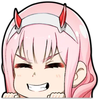 😈 8567f690 Zero Two Darling in the Franxx 애니메이션, 제로투, 달링 인 더 프랑키스, 분홍 머리, 뿔, 귀여운 whatsapp sticker