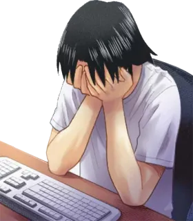 😞 76f75eae triste, molesto, estresado, teclado, ordenador, anime whatsapp sticker