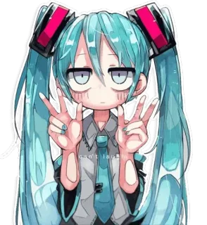 ✌ 152f3d81 Hatsune Miku can't laugh... аниме, девушка, мультфильм, персонаж, голубые волосы, знак мира, манга telegram sticker
